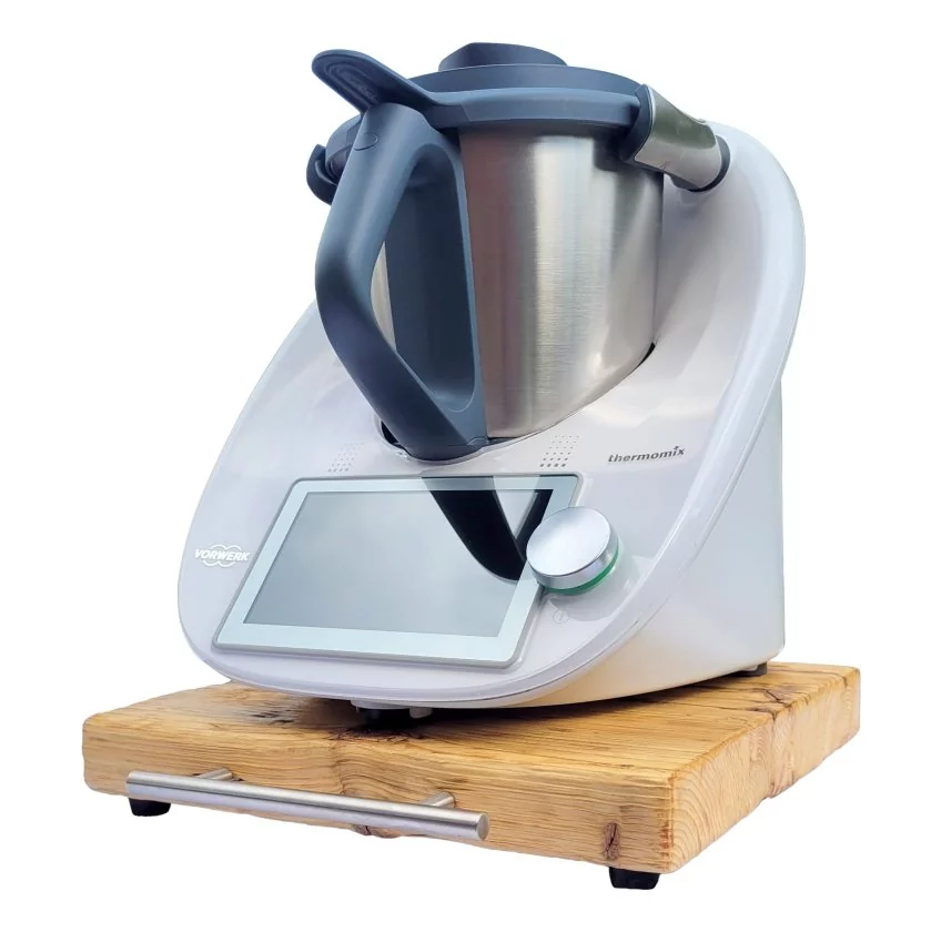 Gleitbrett / Rollbrett aus Massivholz für Thermomix, Farbe summer, mit rundem Edelstahlgriff